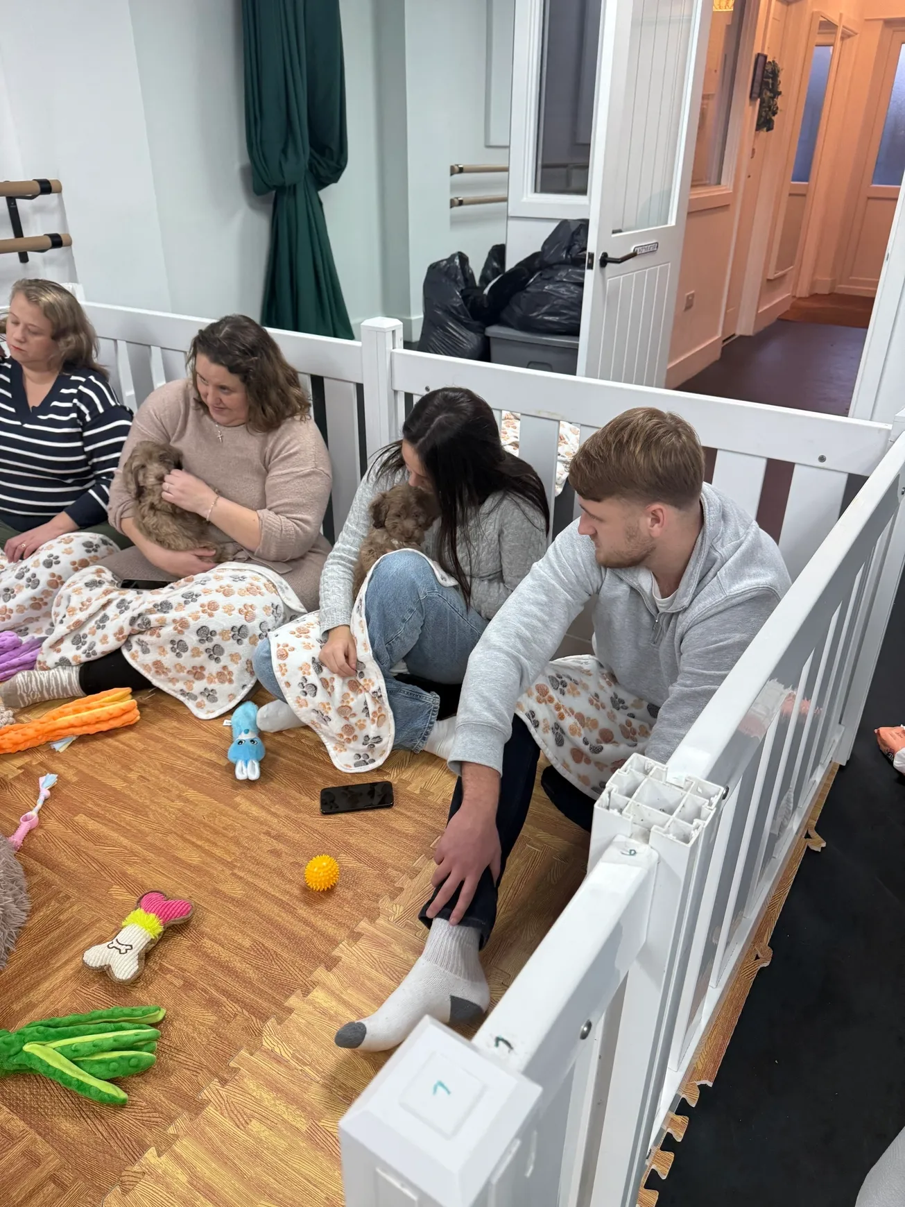 People sitting with pets in playpen