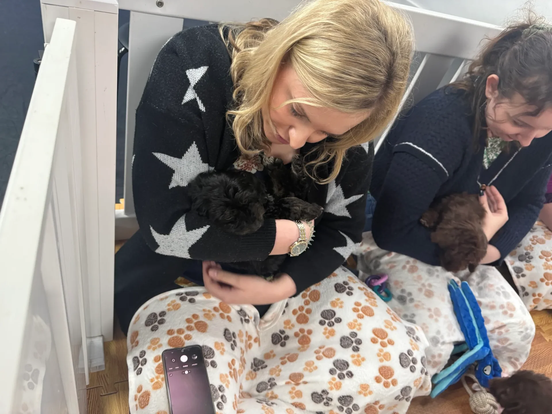 Woman cuddling a small black puppy