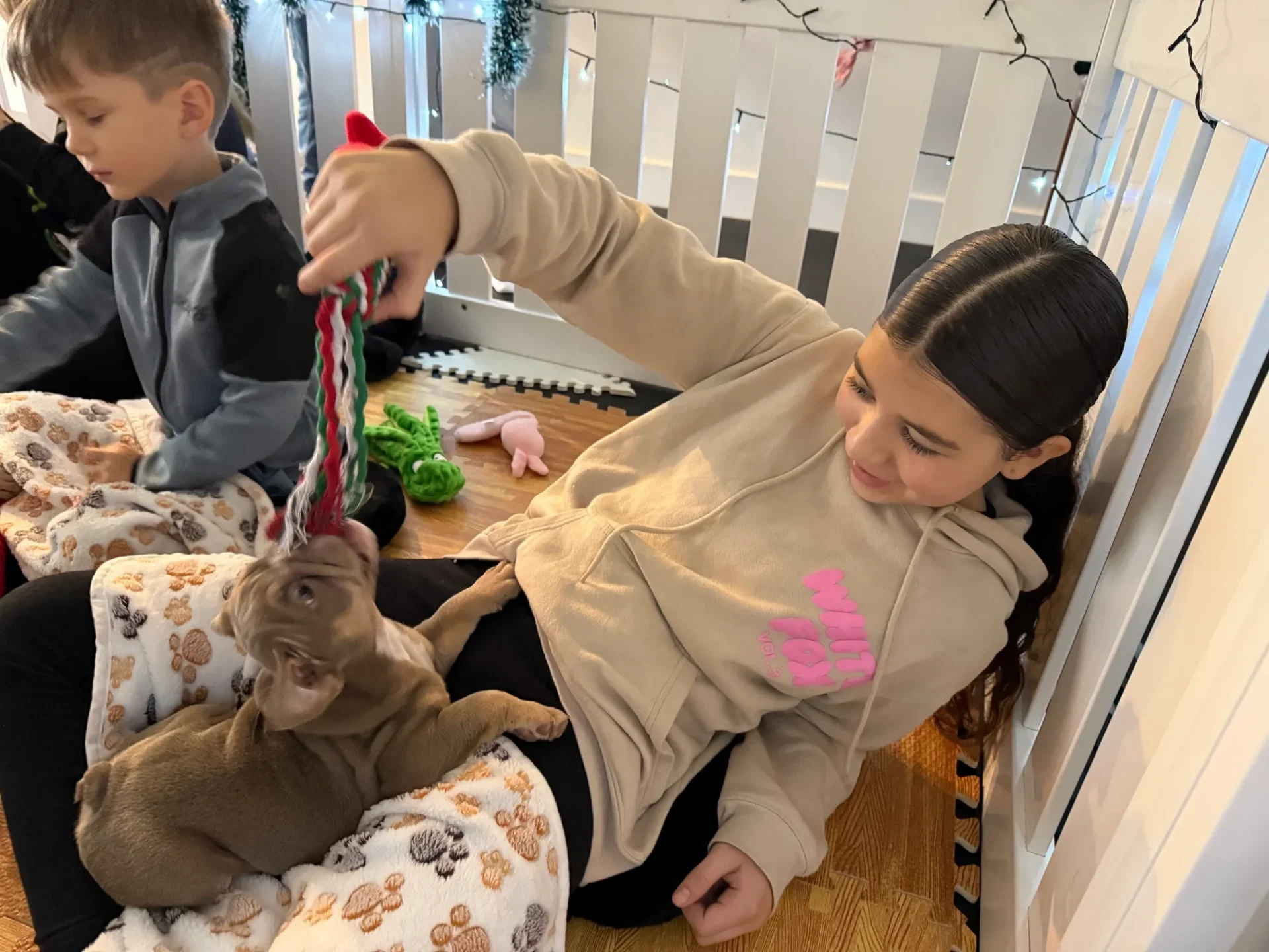 Girl and boy with playful puppy